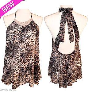 🆕 NWT Victoria’s Secret Leopard Babydoll Bow Back Chiffon Half Slip Size Small